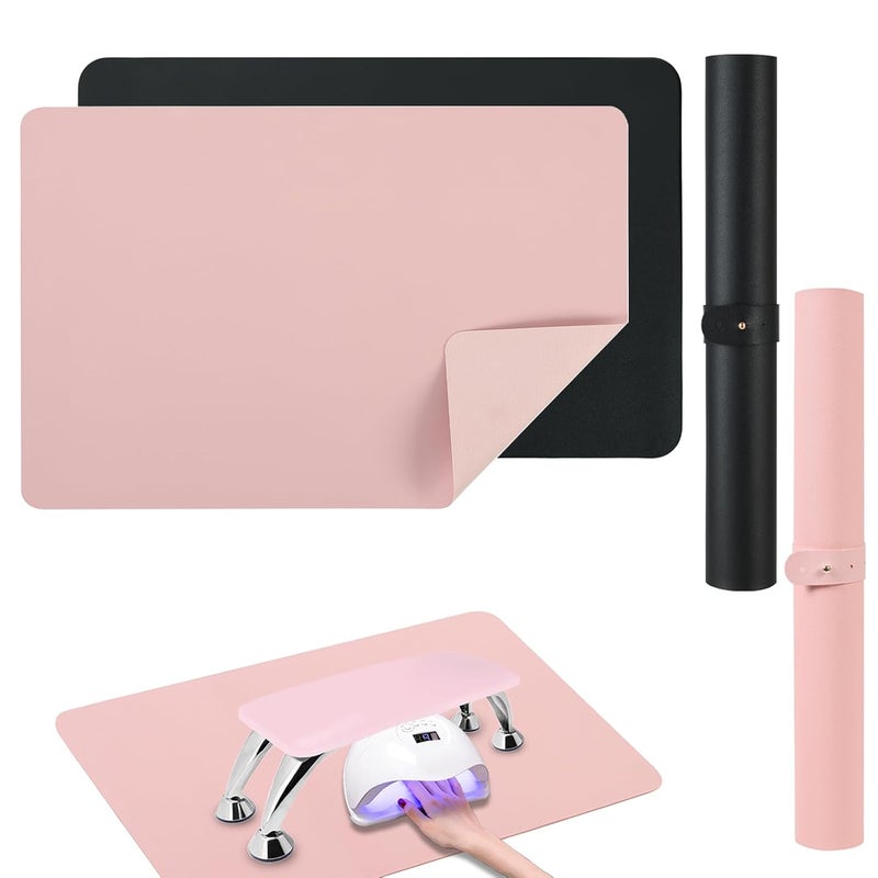 Chiplesier 2 PCS Nail Art Table Mat, Soft Microfiber PU Leather Nail Pad, Foldable Nail Art Rest Pad, Reusable Nail Mat for Table Desk, Acrylic Nail Desk Mat for Nail Cushion(Pink+Black) - Image 1